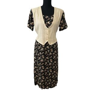 Vintage 1990s Midi Dress Whimsigoth Floral Vest Fairy Modest Tie Size 8 Medium